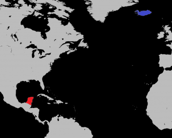 Fig. 3; Royalty free atlas edited by the author to highlight the locations of the Yucatan Peninsula (red), and Iceland (blue).